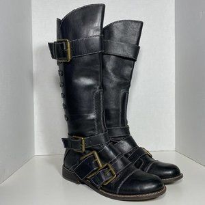 Lucky Brand Women Boots Knee High Combat Buckle Leather Black Sz 7